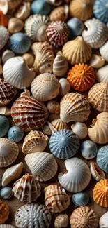 Vibrant and colorful seashells arranged on a sandy surface.