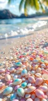 Colorful seashells on a tropical beach with ocean view.