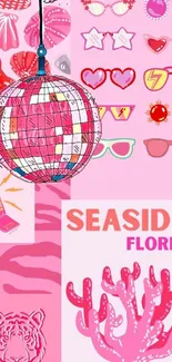 Vibrant seaside Florida collage with disco ball and sunglasses.