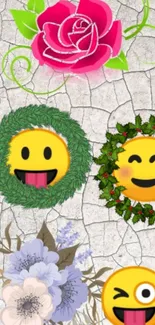 Smiling emojis with floral accents on a textured background.