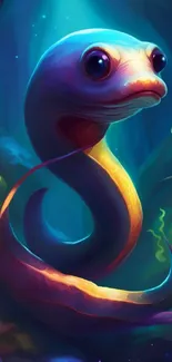 Vibrant fantasy serpent with colorful hues in a mystical underwater scene.