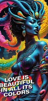 A colorful serpent goddess artwork on mobile wallpaper displaying vibrant hues.