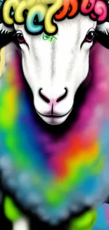 A colorful sheep with a rainbow wool pattern on a mobile wallpaper.