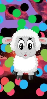 Colorful cartoon sheep with vibrant dots background.