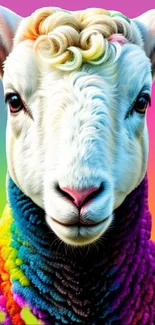 Artistic portrait of a colorful sheep with a rainbow gradient background.