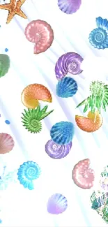 Colorful seashell and seaweed emoji wallpaper with a wavy white background.