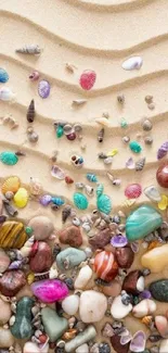 Colorful seashells on sandy beach wallpaper.