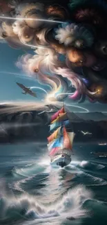 A vibrant fantasy ship sails under mystical skies in an artistic mobile wallpaper.