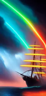 Neon-lit ship sails under vibrant, colorful lights against dark ocean backdrop.