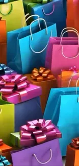 Colorful shopping bags with gift bows in a vibrant design.