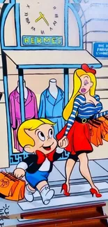 Cartoon scene with shopping characters.