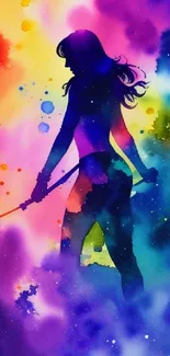 Vibrant watercolor silhouette with bold colors.