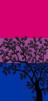 Silhouette tree on magenta, purple, and blue background wallpaper.