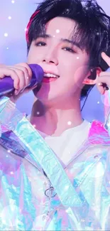 Colorful singer in a holographic jacket with a purple microphone.