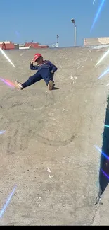 Skateboarder on a colorful concrete ramp with bright neon streaks.