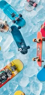 Colorful skateboards on an ice background wallpaper.
