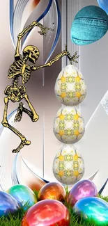 Vibrant skeleton juggling colorful eggs with a galaxy background.