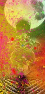 Vibrant skeleton art wallpaper with colorful abstract design.