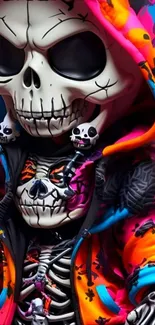 Vibrant skeleton character with colorful hoodie in neon hues.