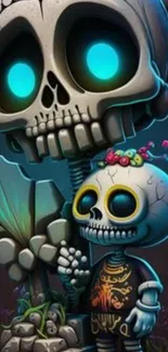 Whimsical skeleton art with colorful design and vibrant elements.