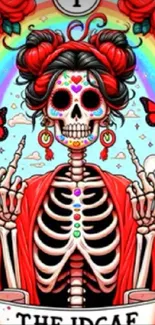 Colorful skeleton art with rainbow background and butterflies.