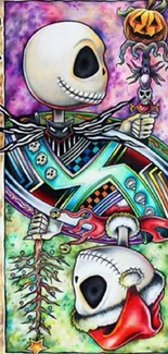 Colorful skeleton art on a tarot card-style background.