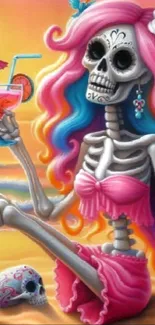 Skeleton with colorful hair and cocktail on a sunny beach.