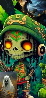 Cartoon skeleton in a vibrant jungle setting with colorful details.