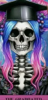 Colorful skeleton with graduate cap and vibrant hair in artistic wallpaper.