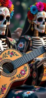 Skeletons playing colorful guitars with flower crowns.