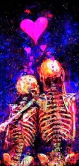 Colorful skeletons with heart in galaxy art.