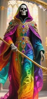 Colorful skeleton in rainbow robe with jewels and scythe in mystical setting.