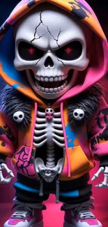 Colorful skeleton in a vibrant hoodie with a stylish design.