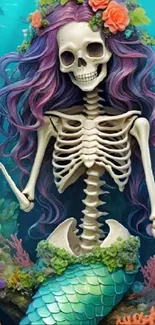 Skeleton mermaid with vibrant hair and coral reef.