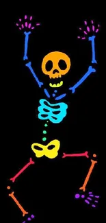 Neon colorful skeleton on a black background mobile wallpaper.