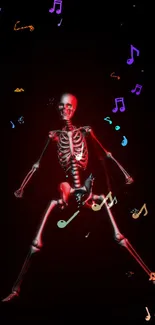 A skeleton dancing with glowing musical notes on a dark background.