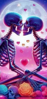 Romantic skeletons under moon with colorful hearts and roses.