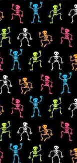 Colorful skeleton pattern on a black background wallpaper.