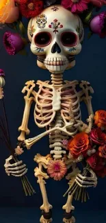 Skeleton adorned with vibrant flowers on a dark blue background.