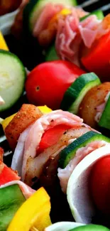 Colorful skewers with vegetables and meat on a grill.