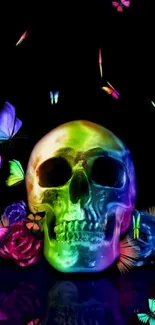 Colorful skull with butterflies and roses on a dark background.