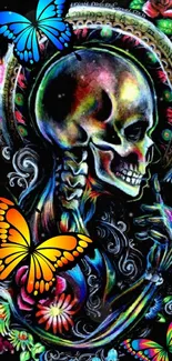 Colorful artistic skull with butterflies on a dark background.