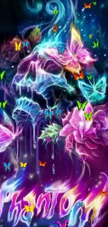 Neon skull with glowing butterflies and flowers in vibrant colors.