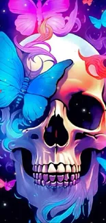 Colorful skull and butterfly mobile wallpaper with neon hues.