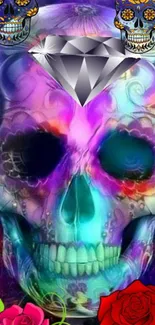 Colorful skull artwork with a shiny diamond and vibrant colors.