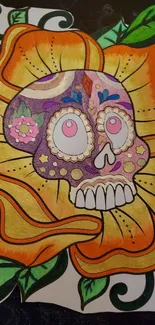 Colorful skull with flower art in vibrant hues.