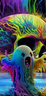 Colorful skull with vibrant ghost artwork wallpaper.