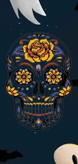 Mobile wallpaper featuring a colorful skull and ghost on a navy background.