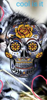 Vibrant skull art on cute kitten background wallpaper.