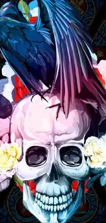 Colorful skull and raven on a dark floral background image.